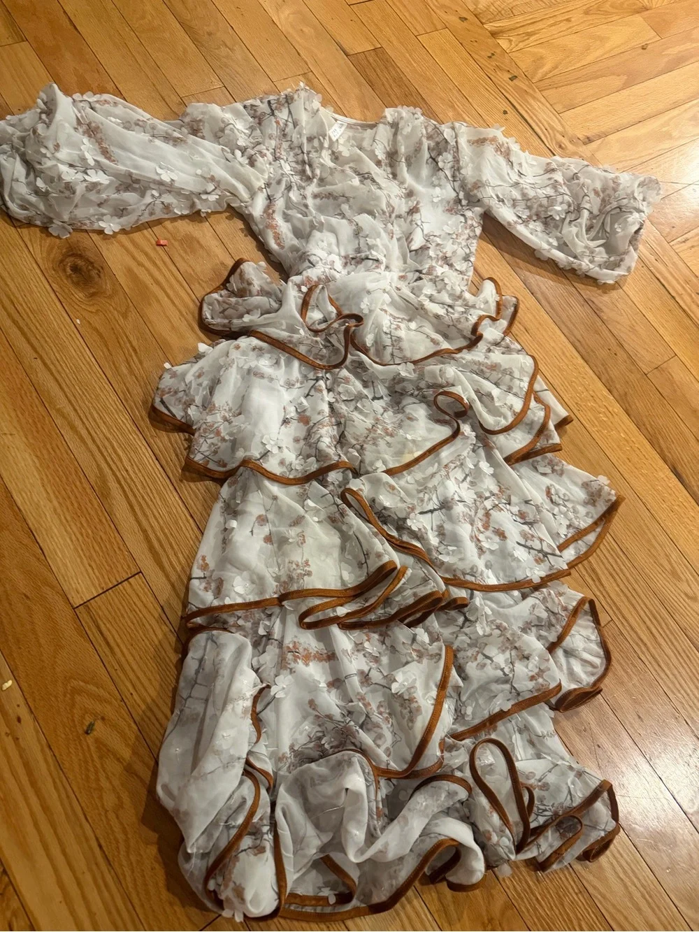 Girls White Floral Ruffle Dress with Brown Trim